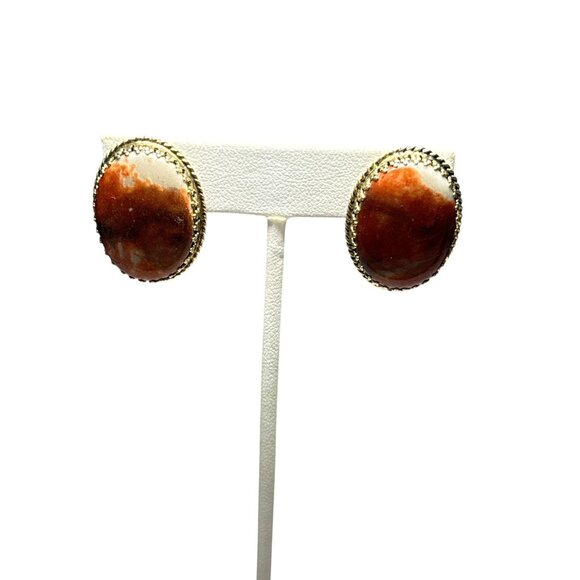 Whiting and Davis Clip On Earrings Faux Stone Look Oval Cabochon Gold Tone Vinta - Picture 5 of 8